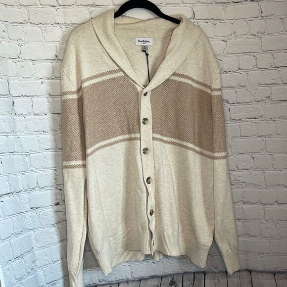 Men’s Striped Cardigan Sweater, size xl, Goodfellow & Co, Beige/Stripe Sweater - Picture 2 of 7